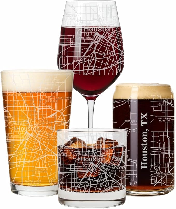 Blue Ridge Mountain Gifts - Houston Souvenir - Texas Glassware Gift, Etched City Map, Laser Engraved and Dishwasher Safe