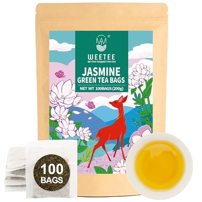 WT WEETEE Jasmine Green Tea Bags, 100 Count Jasmine Scented Green Tea, Refreshing & Relaxing, No Artificial Flavors | Resealable Kraft Bag | Brew Hot or Iced