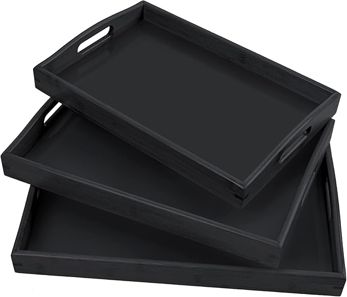 3 Pack Bamboo Serving Trays with Handles, Rectangular Kitchen Food Tray for Eating, Dinner Trays for Eating on Couch, Wood Serving Platter for Breakfast, Tea, Bar, Restaurant, Party or Bed (Black)