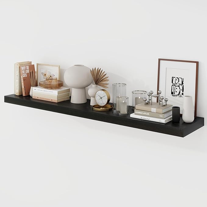 48 Inch Floating Shelves, 9.3" Deep Floating Shelf Wall Mounted, 48" Wall Shelves, Rustic Deep Bookshelf, Large Display Shelves & Storage Shelves for Bedroom, Living Room, Black, Set of 1