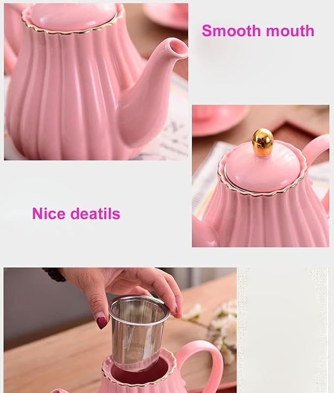YBK Tech Strengthen Porcelain Teapot, 31oz Coffee Pot Ceramic Teapot- Stripe Design (Pink)
