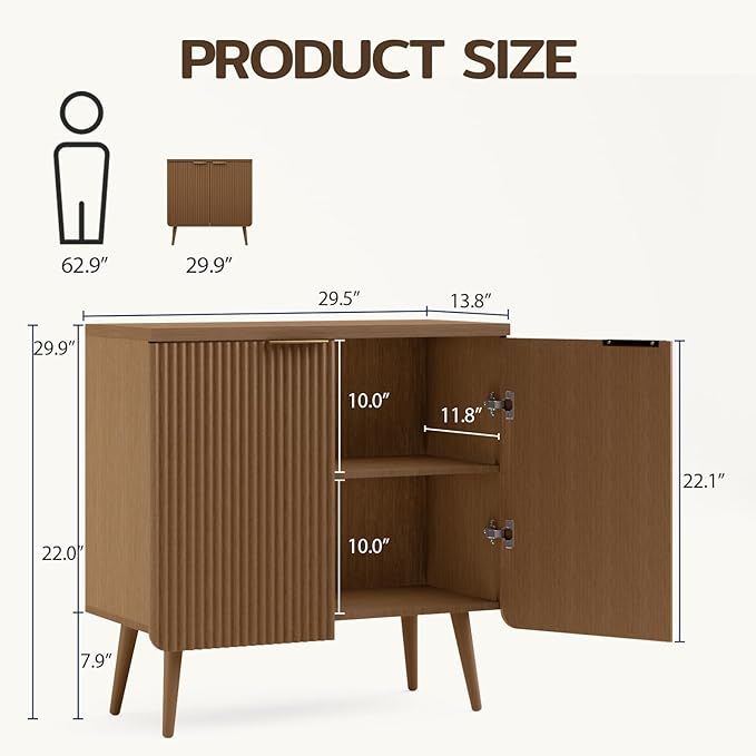 29.5" Wood Fluted Sideboard with 2 Doors, Modern Large Buffet Cabinet with Shelves, Multi-Space Storage Credenza Kitchen for Entryway, Dining & Living Room, Walnut