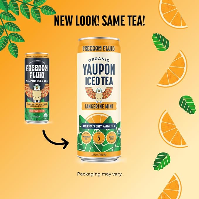 Freedom Fluid Organic Yaupon Iced Tea – Tangerine Mint | Herbal Tea Drink | Lightly Sweetened, Low Sugar, Low Calories, Real Brewed Tea, Clean Ingredients, Antioxidant Rich, Natural Caffeine, 12 Pack (12 oz cans)