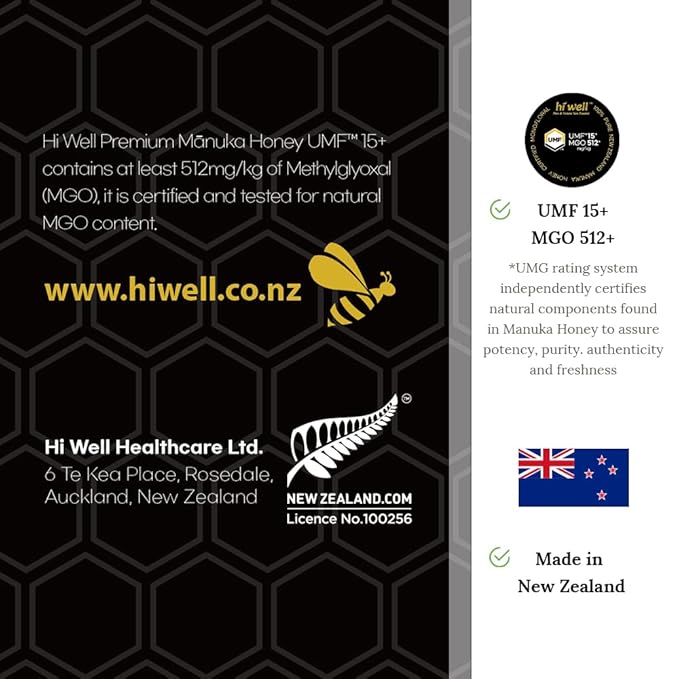 Hi Well Premium New Zealand 100% Manuka Honey | Monofloral Pure Raw Honey | UMF Certified | 8.82Oz(250g) Jar (UMF 15+)