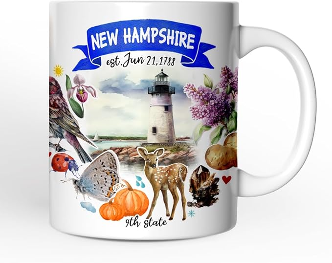 OrnamentallyYou State Travel Landmark Mugs – 12 oz Ceramic Coffee Cups, U.S. Souvenir Gift for Tourists (Artistic New Hampshire State Themes and Landmarks Mug)