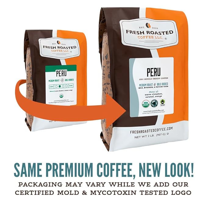Fresh Roasted Coffee, USDA Organic Peru | 3rd Party Tested for Pesticides, Mold, Mycotoxins, Kosher | 100% Arabica, Specialty Grade, Med Roast 12 oz Ground