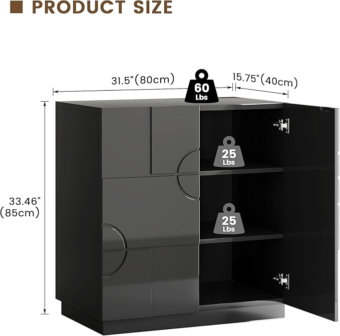 LVSOMT Sideboard Buffet Cabinet with Storage, Modern Accent Credenza with Doors and Adjustable Shelve, 33" Wood Coffee Bar Cabinet for Kitchen, Entryway, Dining Room, High Gloss Black