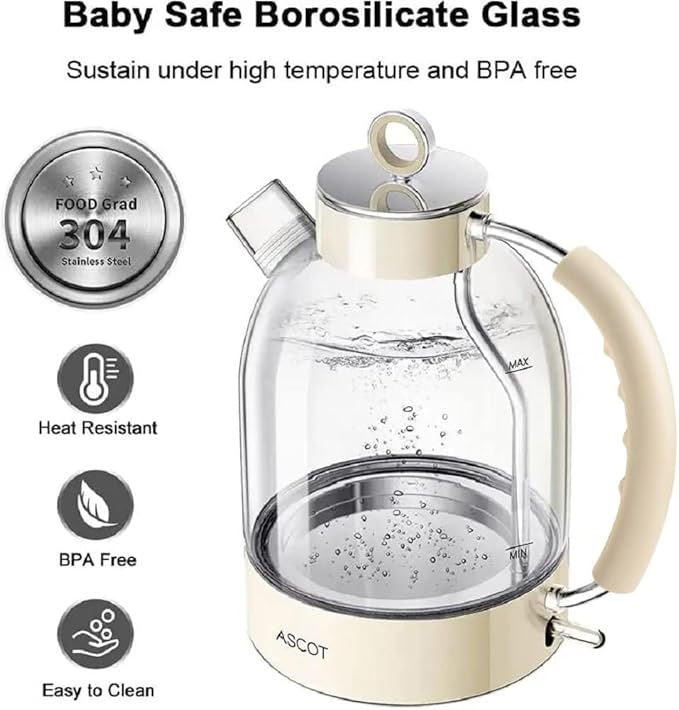 ASCOT Electric Kettle, Glass Electric Tea Kettle Boiler Gifts for Men/Women/Family 1.5L 1500W Borosilicate Glass Tea Heater, with Auto Shut-Off and Boil-Dry Protection (Cream)