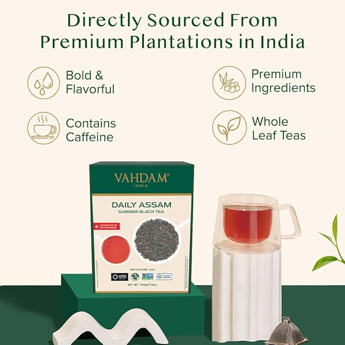 VAHDAM, Assam Black Tea Leaves (340g/12oz) 170+ Servings | High Caffeine, Non GMO, Gluten Free | STRONG, MALTY & RICH | Pure Unblended Single Origin Black Loose Leaf Tea | Vacuum Sealed
