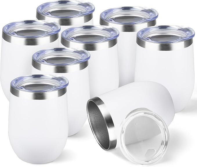 StarSpeed 12oz/8 Pack Wine Tumbler with lid, Stainless Steel Travel Mugs Stemless Double Wall Insulated Coffee Cup, Insulated Wine Glasses Travel Tumbler for Cold & Hot Drinks(White, 8)