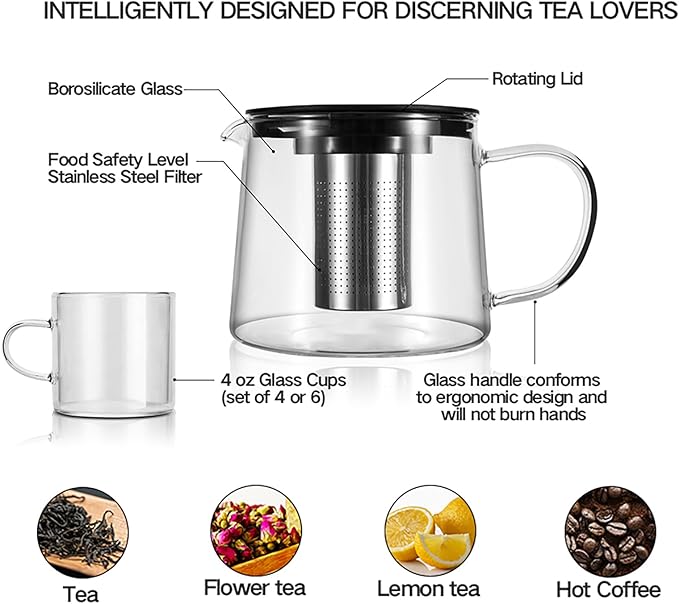 Glass Teapot 34oz/1000ml with 4 Pack Tea Cups Gift Set, Removable Stainless Steel Infuser Tea pot, Heatproof Borosilicate Glass Tea Make, Stovetop Safe Glass Tea Kettle for Loose