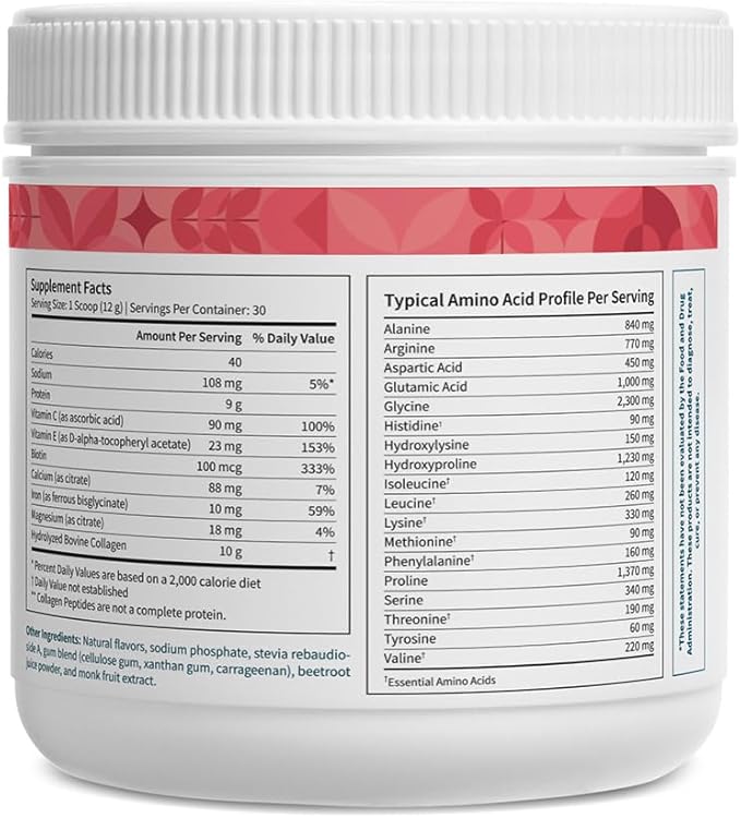 Pattern Wellness Collagen Peptides Powder (Type I & III) - Hair, Nails, Skin & Joint Support - Grass Fed & Pasture-Raised - Hydrolyzed, Non-GMO, Dairy Free, & Keto-Friendly - Strawberry (13 Oz)
