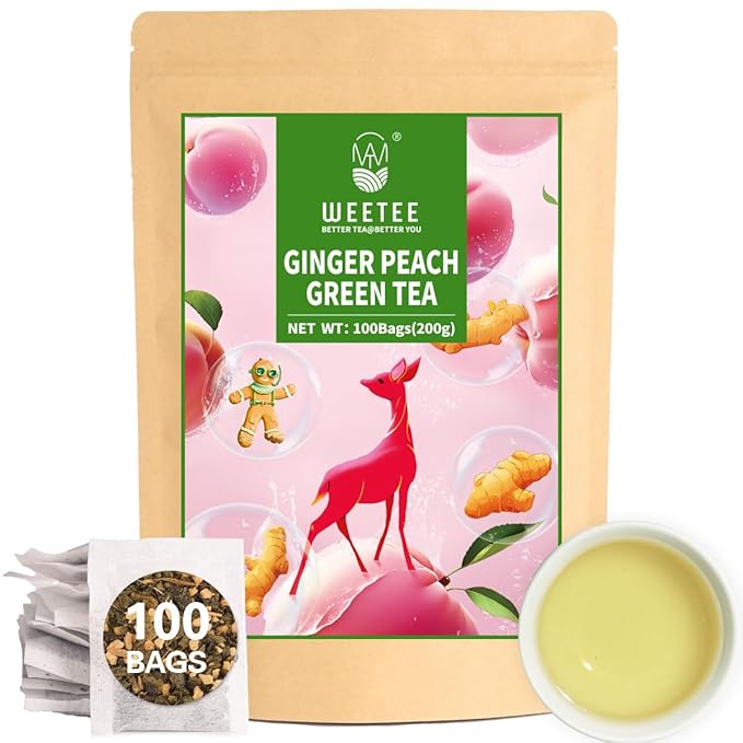WT WEETEE Ginger Peach Green Tea Bags, Made of Green Tea, Ginger & Natural Peach Flavor, Low Caffeine Tea Bags 100 Counts, Fruity & Mildly Gingery Good for Iced