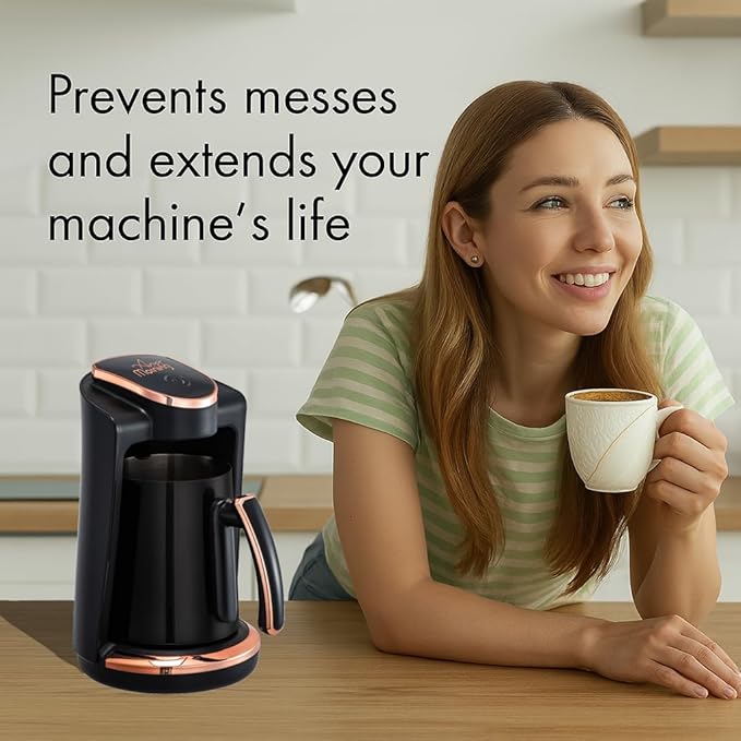 Any Morning Turkish & Greek Coffee Maker-Machine, 1 to 4 Cups Capacity, 100% BPA Free, 400W Electric Coffee Pot with Cook Sense Technology, Anti-Spill Design, Authentic Foamy Brew, Black
