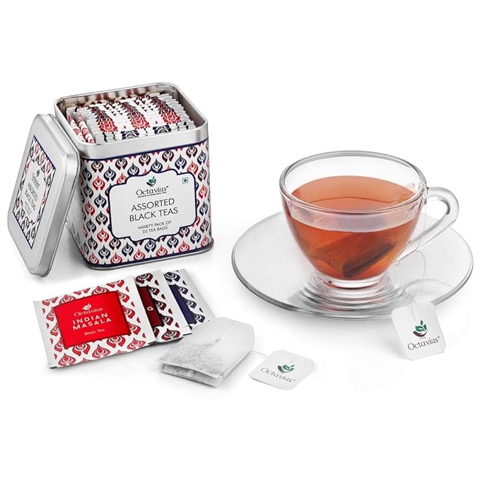 Octavius Assorted Black Tea Sampler Pack – 25 Tea Bags, 3 Flavors: Darjeeling, Assam, Indian Masala | Premium Black Tea Variety Pack