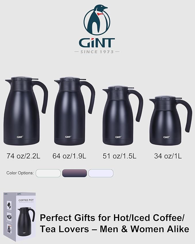 GiNT 1L / 34Oz Thermal Coffee Carafe, Insulated Stainless Steel Coffee Carafes for Keeping Hot/Double Walled Vacuum Thermal Carafe (Black)