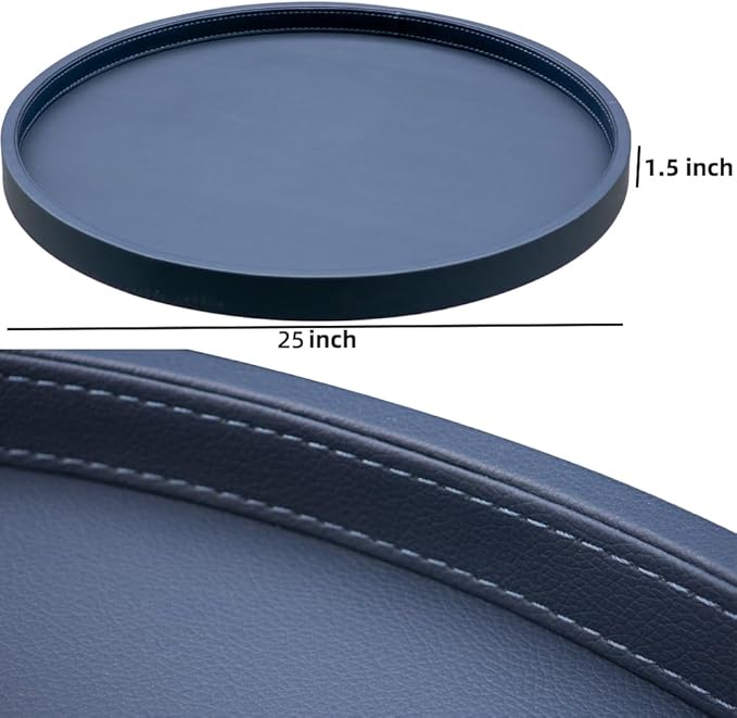 25-inch Round Ottoman Serving Tray - Textured PU Leather Coffee Table Decor, Waterproof Heat-Resistant Large Organizer for Home, Office, Bed & Party Essentials (Navy Blue, 25)
