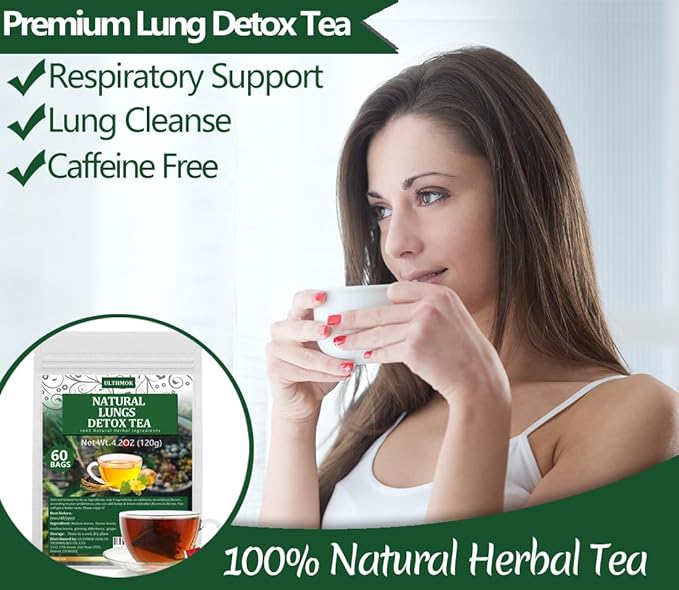 Premium 60 Natural Herbal Blend Tea Bags, Made with 6 Natural Herbs, Mullein Leaves, Elderberry, Thyme, Rooibos, Ginseng Root, Ginger Root, for Respiratory Support & Lung Health & Cleanse Mucus & Wellness & Detox.