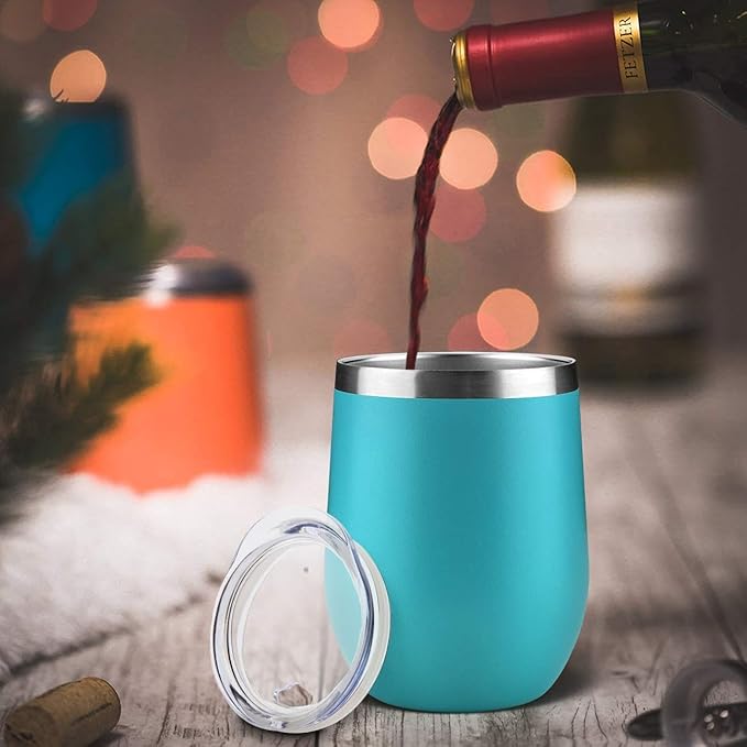 MEWAY 12oz/12 Pack Wine Tumbler Glasses with Lid -Double Wall Vacuum Stainless Steel Travel Tumbler Mug,Stemless Insulated Wine Cup for,Coffee,Cocktails (Turquoise,Set of 12)