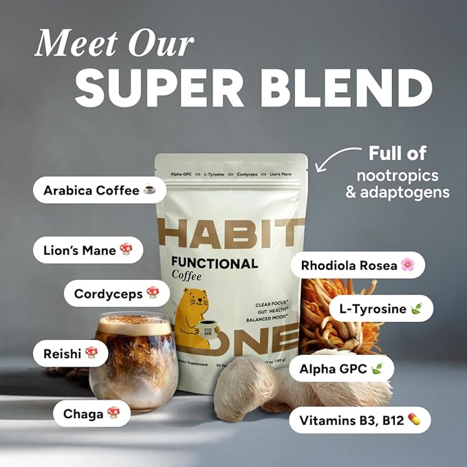 HabitONE Instant Mushroom Coffee Arabica - Lion’s Mane, Cordyceps, Reishi, Chaga – Alpha-GPC & L-Tyrosine, B12 & B3 – Better Energy, Focus, Digestion & Immunity – Made in USA – 30 Servings