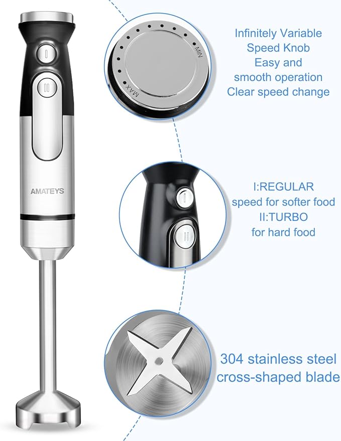 Immersion Blender Handheld,700W Hand Mixer Infinitely Variable Speeds,Multi-function Stainless Steel Stick Electric Kitchen Smoothie Blender with Detachable Whisk, Milk Frother,for Soup Puree