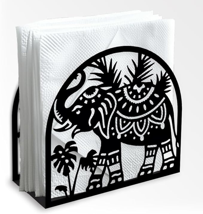 Elephant Decorative Black Metal Napkin Holder for Table, 5.3" x 4.9" x 1.9" Animal Leaf Standing Napkin Holder for Home Kitchen Restaurant Picnic Party Coffee Bar Dining Room
