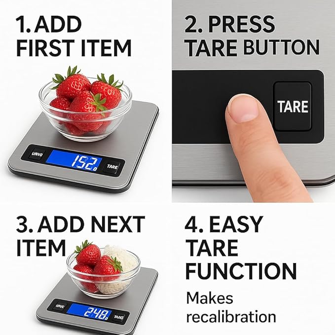 Digital Kitchen Scale 10kg/22lb – 1g High Precision Food Scale, Stainless Steel Platform, LCD Display, Tare Function, Battery Powered for Cooking, Baking & Meal Prep