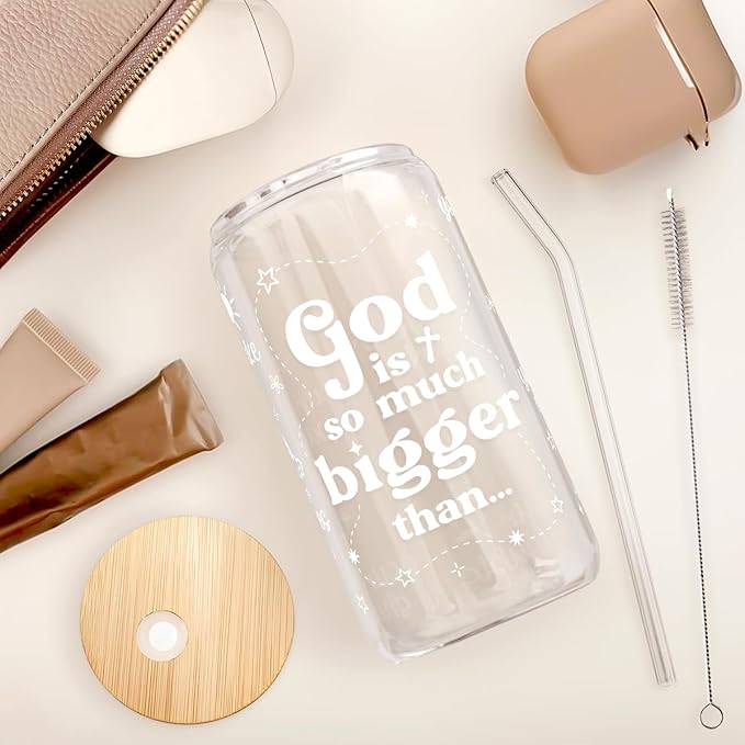 Christian Inspiration16oz Can Glass Tumbler with Bamboo Lid & Straw, Inspirarional Iced Coffee Cup for Women Girls, Religious Gift for Birthday Christmas