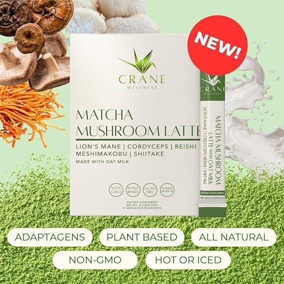 Matcha Mushroom Latte Mix with Adaptogens, 30 Sachets, Oat Milk, Plant Based for Focus and Clarity