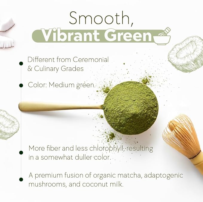 Mushmatcha Ceremonial Coconut Matcha Latte Powder - Organic Green Tea Matcha Powder with Smooth Coconut Cream - Vegan Superfood Drink for Focus & Energy – Dairy-Free, Gluten-Free, 100% Natural – 100g
