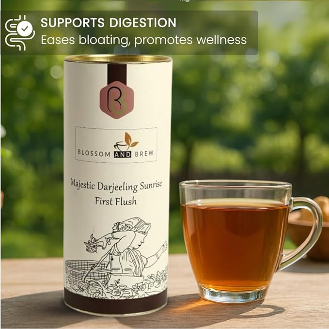 Blossom & Brew Majestic Darjeeling Sunrise First Flush Black Tea (3.52oz) – Whole Leaf from Teesta Valley – Rich Flavored & Aromatic Breakfast Brew – Caffeinated Indian Tea for Hot or Iced Beverages