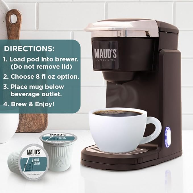 Maud's Kona Coffee Pods, 50ct, Medium Roast Coffee in Recyclable Single Serve Pods – 100% Arabica Coffee, Compatible with Keurig K Cups Maker