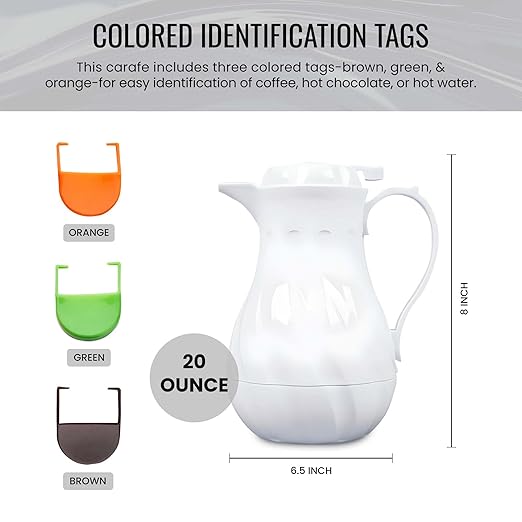 OCS Parts Easy Pour Thermal Coffee Carafe | 8-Inch Insulated Hot and Cold Beverage Pitcher Server for Coffee, Tea, Hot Chocolate and Water with Colored Tags for Easy Idenfication | 20-Ounce | White