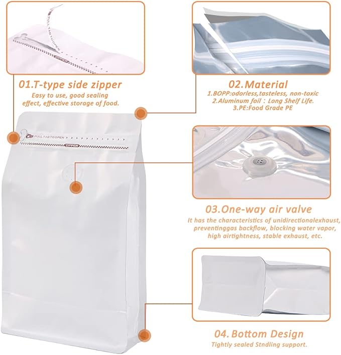 REMTAP Coffee Bags with Valve(50pcs,8oz) White High Barrier Aluminumed Foil Flat Bottom Standing Coffee Beans Storage Bags,Reusable Heat Sealable Side Zipper Pouches for Home or Store