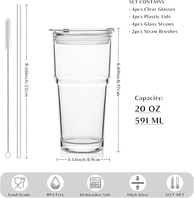 INSETLAN 20oz Glass Tumbler with Glass Straw and Lid, Set of 4 - Thickened Ice Coffee Cup, Glass Cup with Lid and Straw for Smoothie, Tea, Milk, Whiskey, Water and More – Elegant & Durable