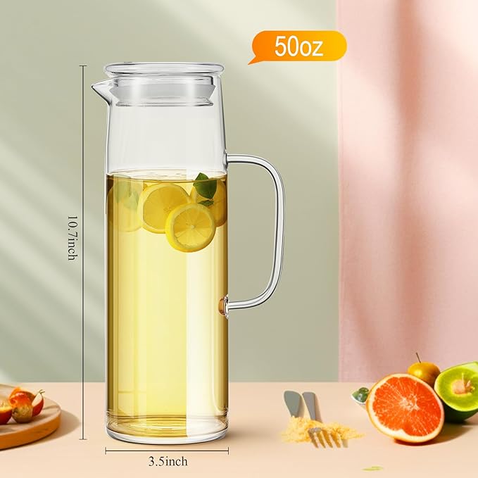 Hsei 2 Sets Glass Pitcher with Lid, 50 oz / 1500 ml Water Carafe with Handles Hot Cold Beverage Water Jar Glass Jug for Tea Juice Milk Coffee Iced Beverage (Glass Lid)