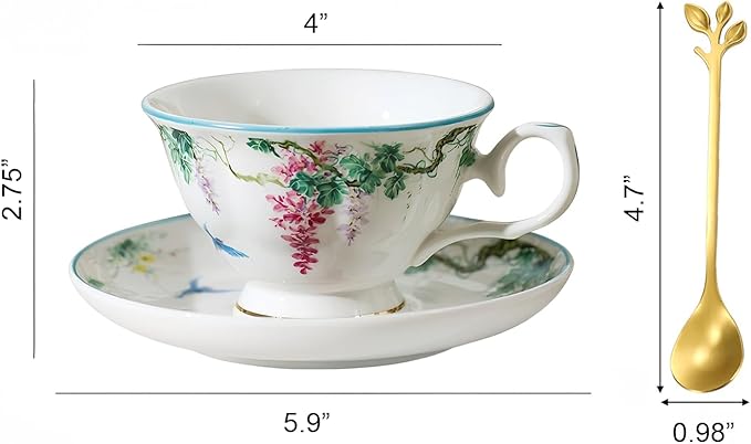 Floral Ceramic Cup Bone China Tea Cup and Saucer Set 6.8 Oz Gold Trim Vintage Style Porcelain Coffee Cup for Home Kitchen Office, Style 6
