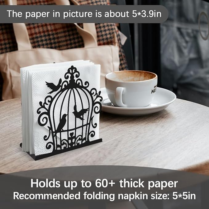 Birdcage and Bird Decorative Black Metal Napkin Holder for Table, 4.9" x 5.3" x 1.9" Birdcage and Bird Standing Napkin Holder for Home Kitchen Restaurant Picnic Party Coffee Bar Room