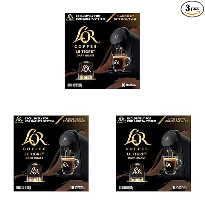 L'OR Coffee Pods, 30 Count Le Tigre Dark Roast Blend, Single-Serve Aluminum Coffee Capsules Compatible with the L'OR BARISTA System & *Nespresso Original Machines, 30 Count (Pack of 3)