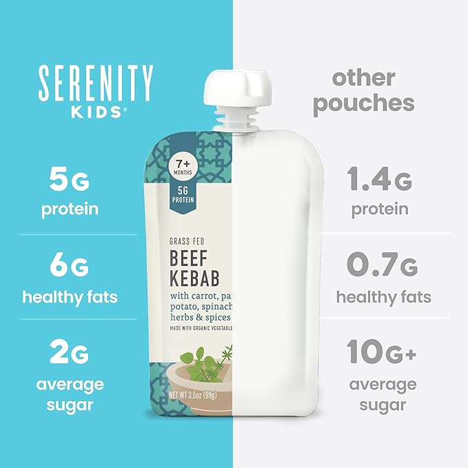 Serenity Kids 7+ Months World Explorers Beef Kebab Baby Food Pouches - 3.5 oz, Pack of 6-5g Protein Baby Food with Meat - Snack with Grass-Fed Beef & Veggies - Convenient On-The-Go Toddler Snacks