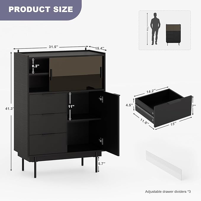 MEISSALIVVE Sideboard Cabinet, 31.5" x 45" Buffet Cabinet with Storage, Black Sideboard with 2 Sliding Doors & 3 Drawers, Coffee Bar Modern Entryway Storage for Living Room, Bedroom, Kitchen