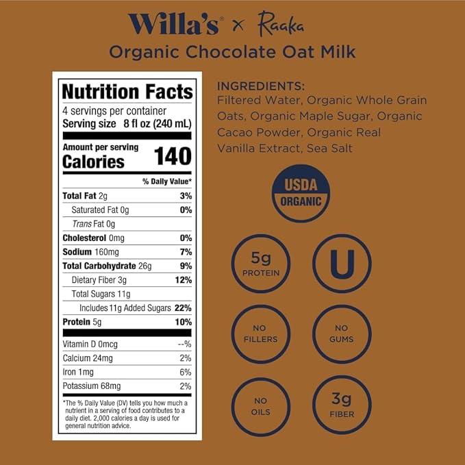 Willa's Organic Oat Milk - Chocolate Unsweetened Cacao Oatmilk, Non-GMO, Shelf Stable, Low Sugar, Non-Dairy Milk, Made from Whole Grain Oats, No Oil, No Gums, 32oz, Pack of 1