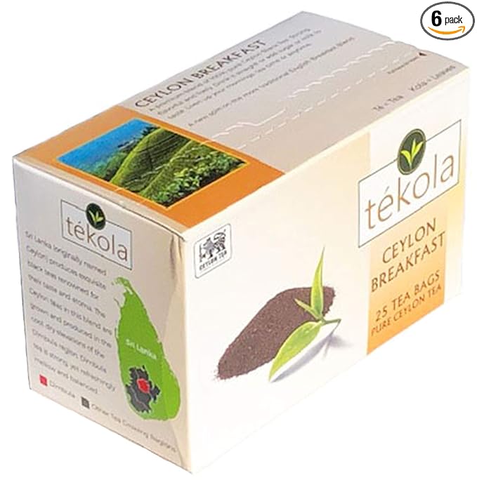 tékola, 6 pack Ceylon Breakfast Black Tea. A premium blend of 100% pure Ceylon Tea. Strong, flavorful and lively, 25 Count (Pack of 6)