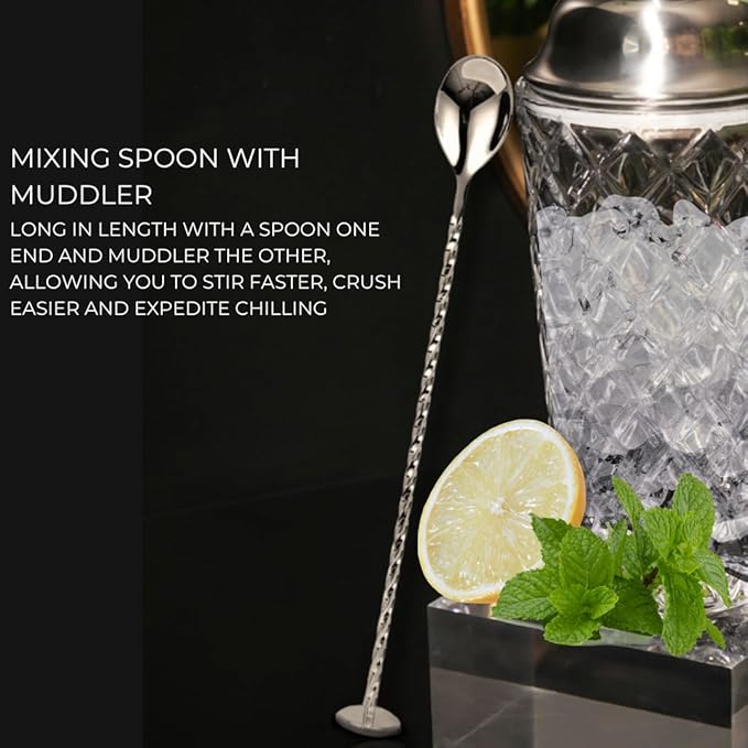 Glass Cocktail Shaker Set - 5 Piece - Silver Martini Shaker Set with Strainer, Jigger, Spoon & Muddler - 16 oz Drink Shakers Cocktail - Ideal Gift for Home Bar & Drink Trolley Décor