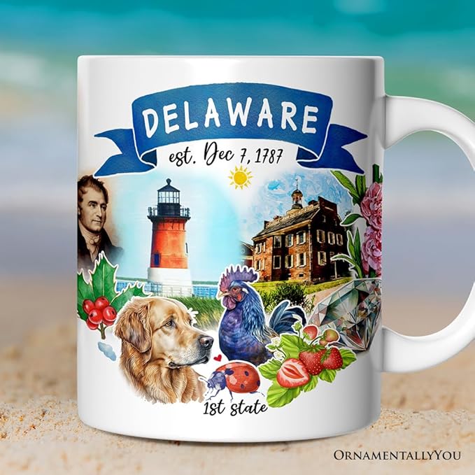 OrnamentallyYou State Travel Landmark Mugs – 12 oz Ceramic Coffee Cups, U.S. Souvenir Gift for Tourists (Artistic Delaware State Themes and Landmarks Mug)