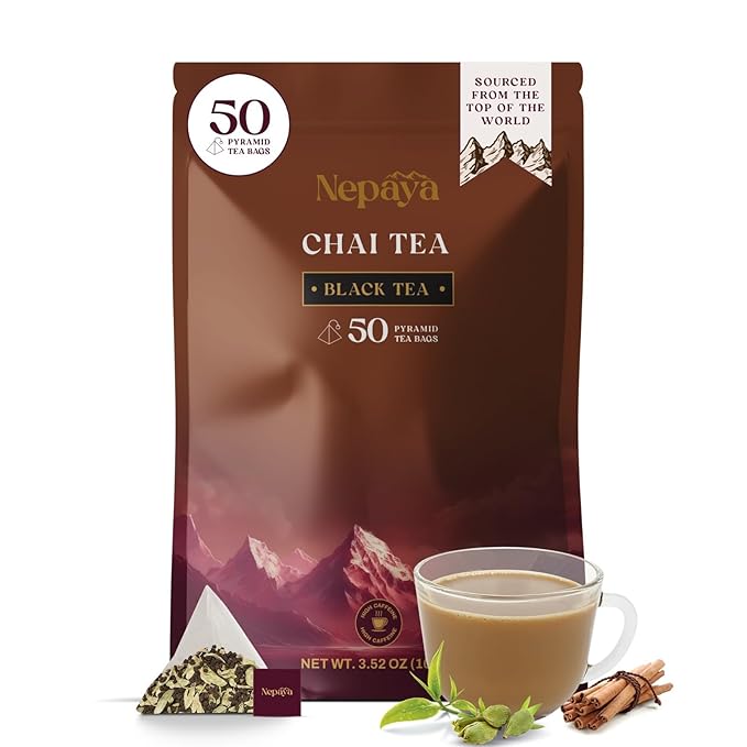Nepaya Masala Chai – 50 Pyramid Black Tea Bags, Spiced with Ginger, Cardamom & Cinnamon, Biodegradable, High Caffeine, Himalayan Whole-Leaf