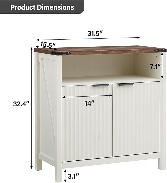 Buffet Cabinet with Storage - Modern Farmhouse Rustic 32 Fluted Sideboard Storage Cabinet Buffet with Adjustable Shelves, Coffee Wine Bar Organizer for Dining Room (Antique White)
