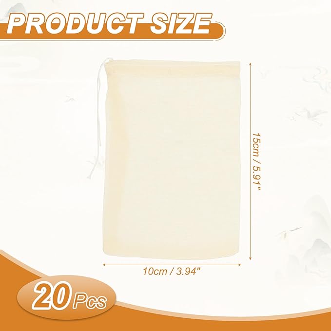 uxcell 20 Pcs Spice Bags for Cooking, 6x4 in Reusable Empty Tea Bags Muslin Strainer Cotton Cheese Cloth for Loose Leaf Tea Sachet Straining Soups Herbs, Beige