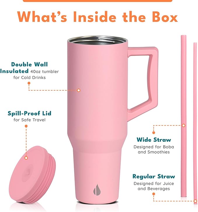 Elemental 40 oz Tumbler with Handle and Straw - Spill Proof Insulated Stainless Steel Commuter for Hot and Cold Beverages - Travel Coffee Mug with 2 Straws & Spill Proof Lid - 40oz - Rose