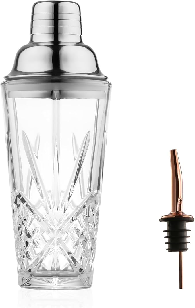 Glass Cocktail &Martini Shaker, 15oz Cutting Design - Exquisite Mixing for Elevated Mixology. Better for Crafting Artisan Esepresso,Juice,Mocktail. (Including Shaker & #SS304 Copper Pourer)